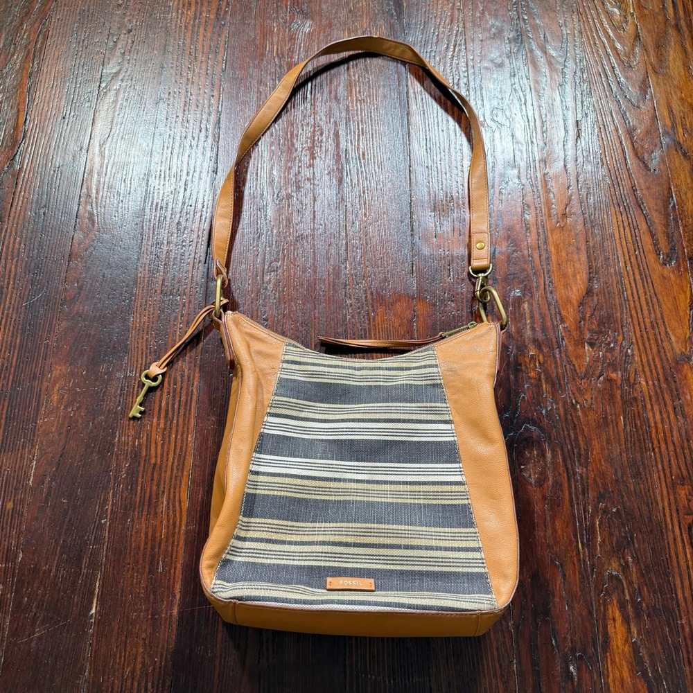 Fossil Crossbody Bag Purse Brown Leather Striped Canvas Textile Key Charm